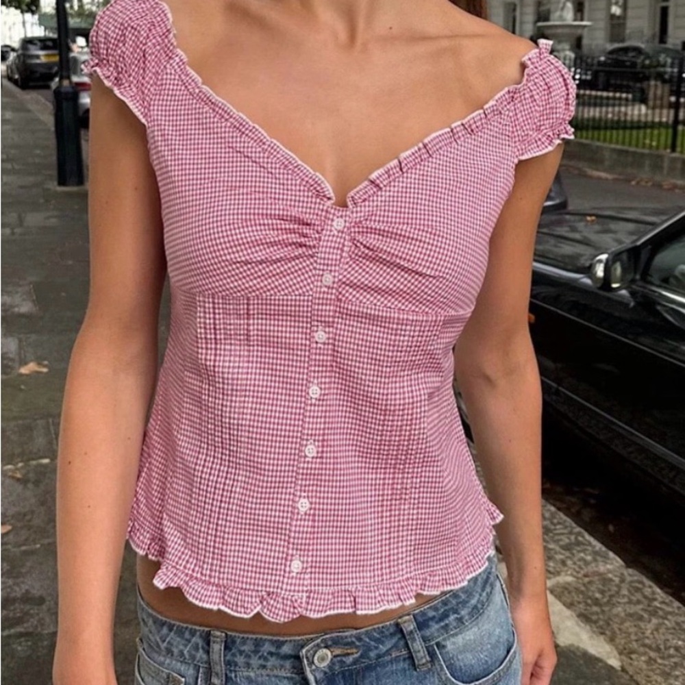 Brandy Melville Red Gingham Ruffle Blouse